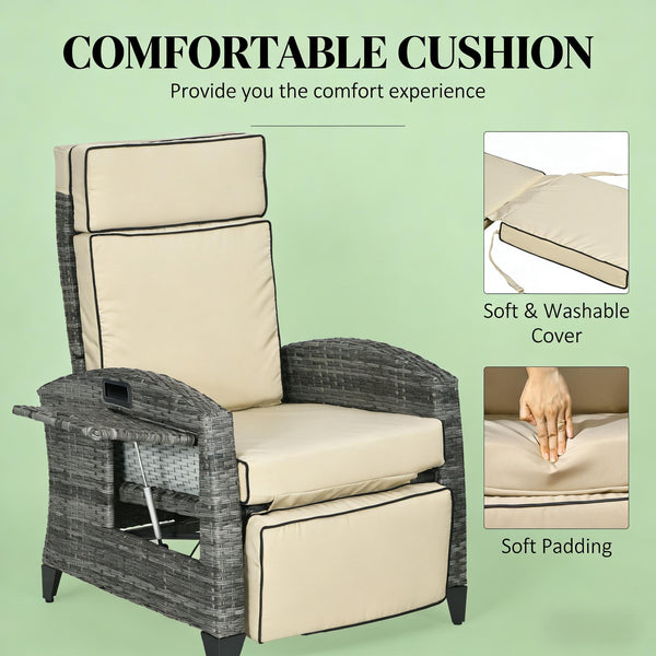 English Elm Reclining Outdoor Wicker Lounge Chair with Side Tray Thick Cushions Patio Resort T3971P444387