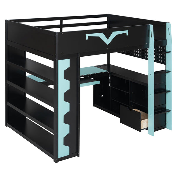 English Elm Full Size Gaming Loft Bed with Desk Rgb Lighting Power Outlet and Storage Drawer Blue LT000285AAC