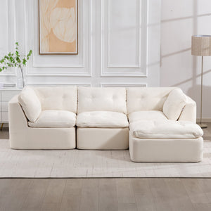 English Elm Modern Chenille Cloud Sectional with Ottoman Deep Sink Modular L Shaped Living Room Sofa Beige+White W2379S00001