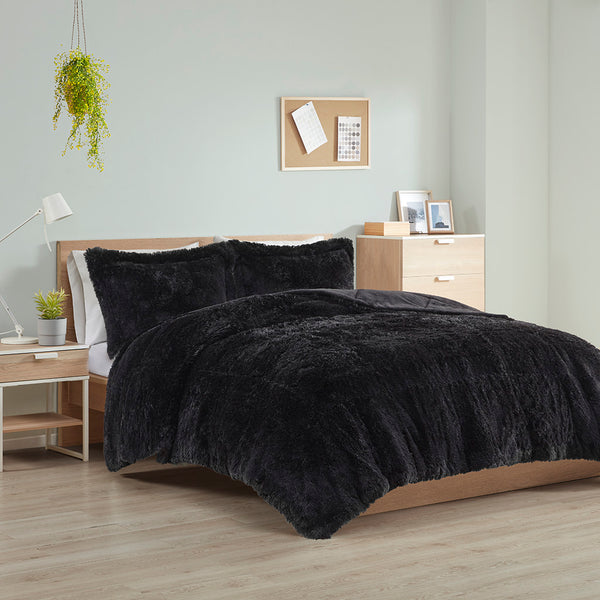 JLA Home Intelligent Design - Shaggy Lux Faux Fur Comforter Mini Set with Plush Reverse for Cozy Layering and Modern Texture Black ID10-1922