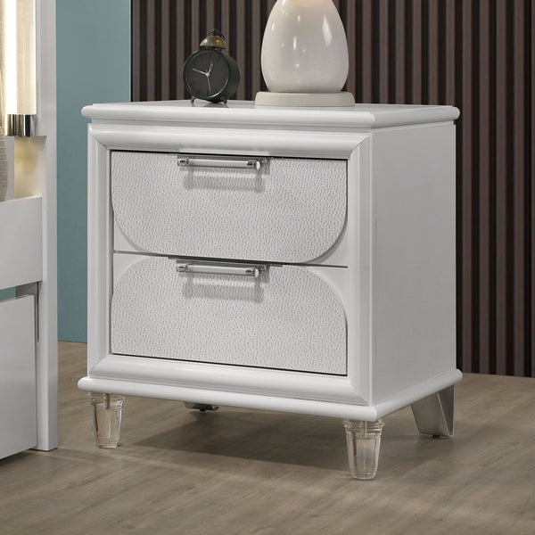 English Elm Contemporary Glam Nightstand with Acrylic Handles and Embossed Panels, Felt-Lined Drawer, Dovetailed Craftsmanship White 26 L x 20 W x 25 H B2741P353118