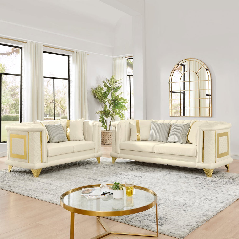 English Elm 2pcs Italian Velvet Tufted Sofa Set with Gold Steel Trim Victorian Glam Living Room W1191S00111