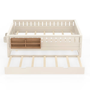English Elm Queen Bunk Bed with Trundle Solid Pine Kids Car Themed Frame Built-in Bookshelf Beige W1580S00562