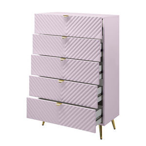 English Elm Gaines High Gloss Chest with Wave Pattern Design, Metal Legs, 5 Drawers, Durable Composite MDF Storage Pink 31 L x 15 W x 5 H B2726S00400