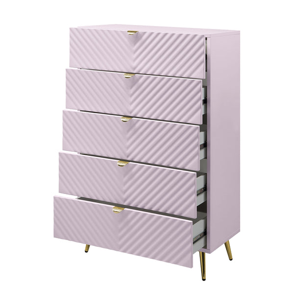 English Elm Gaines High Gloss Chest with Wave Pattern Design, Metal Legs, 5 Drawers, Durable Composite MDF Storage Pink 31 L x 15 W x 5 H B2726S00400