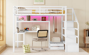 English Elm Full Size Loft Bed With Integrated Led, Workspace & Storage, Stylish Metal Frame For Kids' Rooms W2593S00018