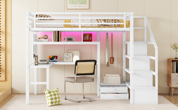 English Elm Full Size Loft Bed With Integrated Led, Workspace & Storage, Stylish Metal Frame For Kids' Rooms W2593S00018