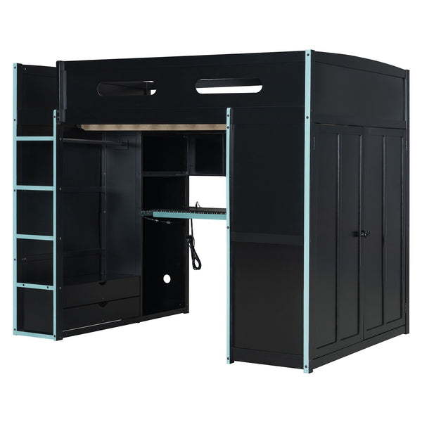 English Elm Full Size Gaming Loft Bed with Rgb Lighting Desk Wardrobe and Built-in Storage Blue LT100261AAC