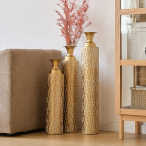 English Elm Metal Decorative Vases Set Of 3 - Antique Gold Finish With Etched Vine Patterns For Elegant Décor W2796P192834