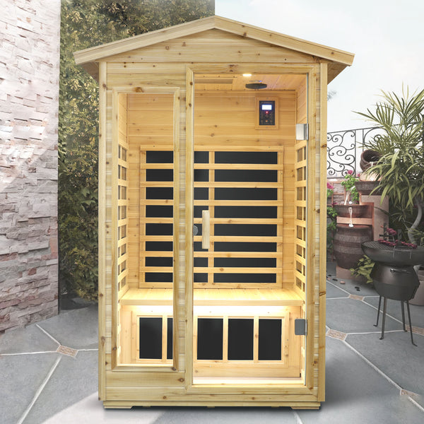 English Elm Two Person Far Infrared Outdoor Sauna Fir Wood Cabin with Bluetooth and Lcd Control W632S00031