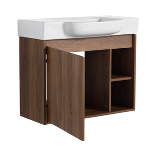 English Elm 28'' 28" Wall-Mounted Bathroom Vanity with White Ceramic Sink, Soft-Close Door, Open Shelves, KD-Pack W999P263409