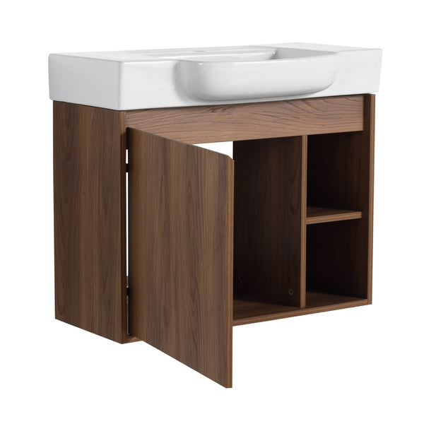 English Elm 28'' 28" Wall-Mounted Bathroom Vanity with White Ceramic Sink, Soft-Close Door, Open Shelves, KD-Pack W999P263409