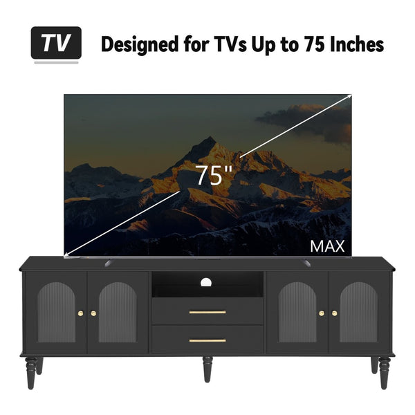 English Elm Vibe 68.9'' Retro Tv Stand For 75-Inch Tvs, Elegant Media Console With Fluted Glass & Storage Solutions N724P284465B-GIGA