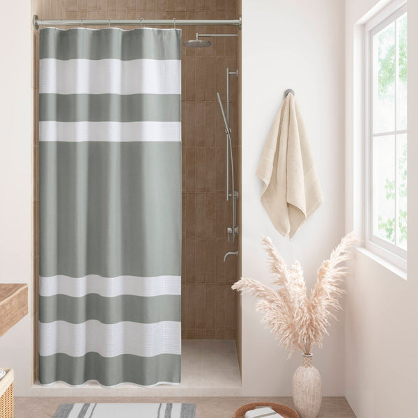 JLA Home Madison Park - Shower Waffle Curtain with 3M Scotchgard Water-Repellent Finish, Textured Stripe for Spa Ambiance Grey MP70-4981