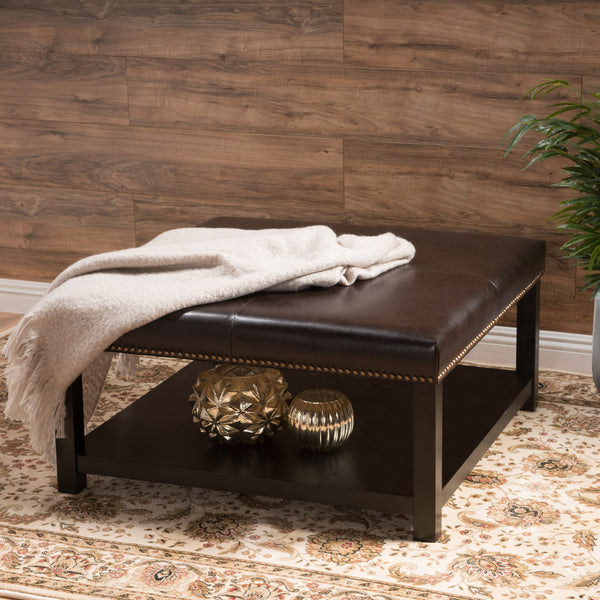 English Elm Christopher Knight Home® - Large Square Ottoman Bench in Brown Faux Leather with Birch Wood Legs, Oversized 35" Seat for Living Room Comfort and Storage 57313.00PU