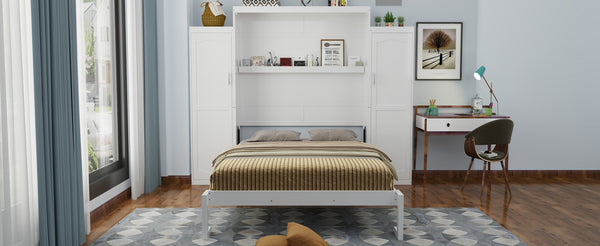 English Elm Full Size Murphy Bed with Dual Wardrobes Pine Mdf Frame for Guest or Bedroom N733S339778K