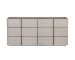 Sunpan Jamille Dresser - Elegant Cream Faux Leather with Brown Oak Top, 6 Soft-Close Drawers & Brass Base