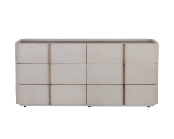 Sunpan Jamille Dresser - Elegant Cream Faux Leather with Brown Oak Top, 6 Soft-Close Drawers & Brass Base