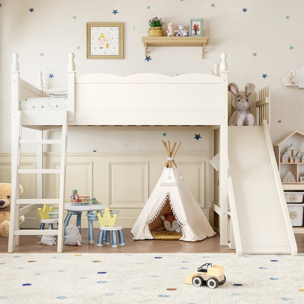 English Elm Twin Loft Bed Solid Pine Frame with Wardrobe Shelving Detachable Slide Kids Room Beige W5305S00018