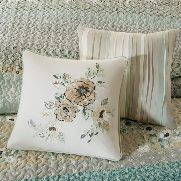 English Elm 6 Piece Cotton Sateen Quilt Set Reversible Floral and Geometric Prints with Decorative Pillows, Full/Queen Green 22.83 L x 18.11 W x 7.48 H B03597466