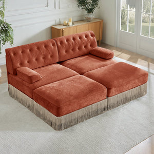 English Elm With Tufted Velvet Sectional Sofa Two Ottomans Tassel Skirt French Chesterfield Living Room Red+Brown W714S01746