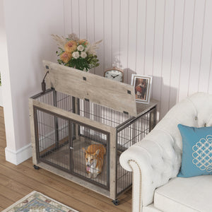 English Elm Furniture Style Dog Crate Side Table on Wheels with Double Doors, Lift-Top, Grey — Safe, Mobile, 38.58"w x 27.36"h W116291737