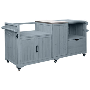 English Elm K&k 80.5 Inch Outdoor Kitchen Island Solid Fir Wood Stainless Steel Grill Cart Station Grey+Blue N707P392140G