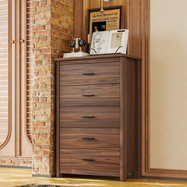 English Elm 4PCS Queen Bedroom Set with Storage Headboard & Built‑In Charging Station, 2 Nightstands, Dresser Walnut 54.25 L x 18.75 W x 9.25 H N733S307937W