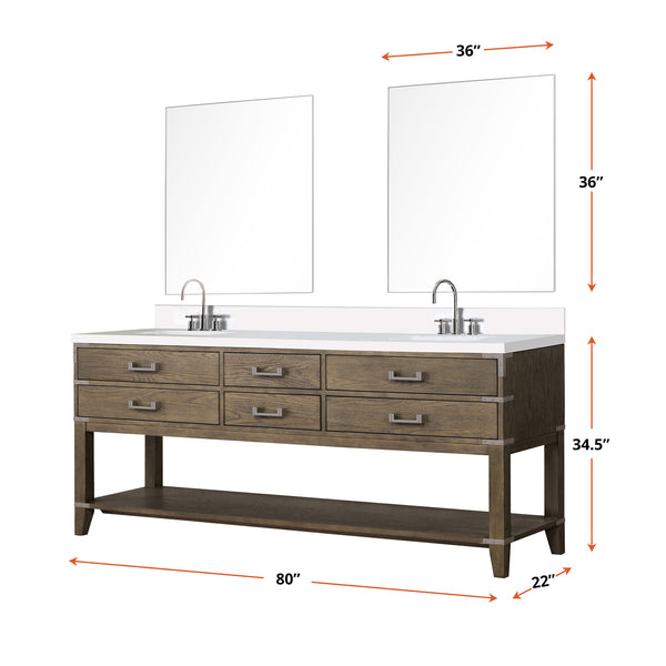 English Elm Grey Oak Double Bath Vanity With White Quartz Top, Chrome Faucet Set & 2 Matching 36" Mirrors B2731S01912