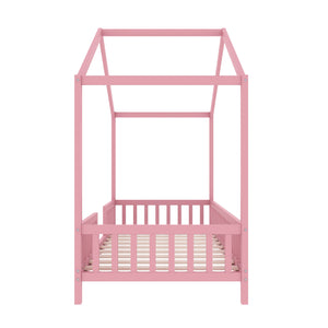 English Elm Montessori House Bed Frame Twin with Canopy & Full Guardrails, Cozy Kids Platform Bed for Toddlers Pink 81.5 L x 16 W x 6.6 H N733P356043H