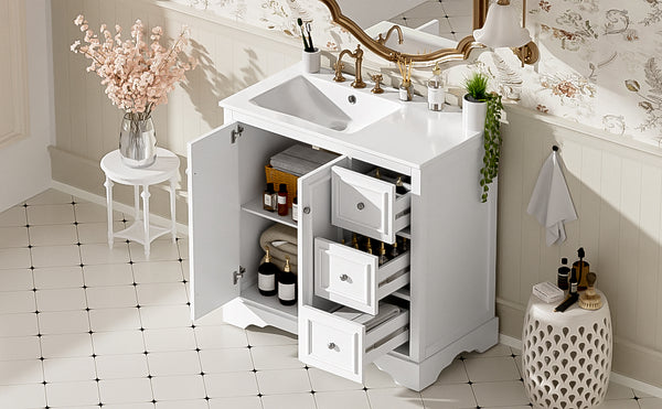 English Elm 36'' Transitional Bathroom Vanity with Ceramic Sink, Solid Wood Frame, Adjustable U-Shelf & Soft-Close Doors White N729P292966K