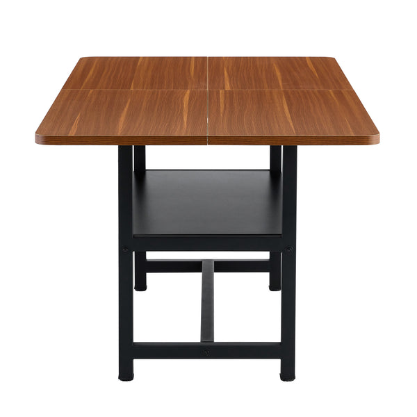 English Elm 71 Inch Fashionable Walnut Grain Dining Table with Sturdy Metal Legs, Scratch-Resistant MDF Top, Storage Shelf, Minimalist Design Walnut+black W1151P364851