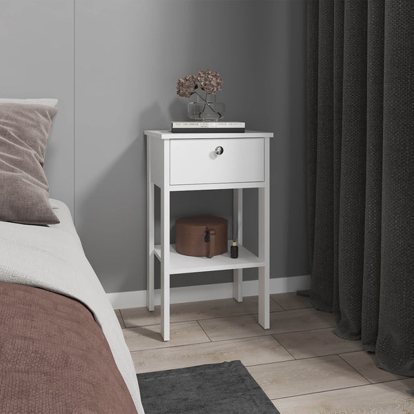 English Elm Nightstand, Compact 1-Drawer + Open Shelf, Elevated 4-Leg Engineered Wood, White, Ready-to-Assemble B097P369424