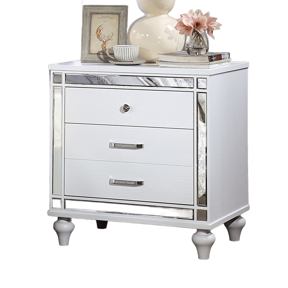 English Elm White Crocodile-Textured Nightstand with Mirror Trim, Felt-Lined Top Drawers & Ornate Bun Feet - Contemporary Bedroom Accent B011P402573