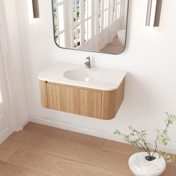 English Elm Arcora Floating Wall Vanity with Marble Ceramic Sink Slatted Wood Spa Design W3235S00007