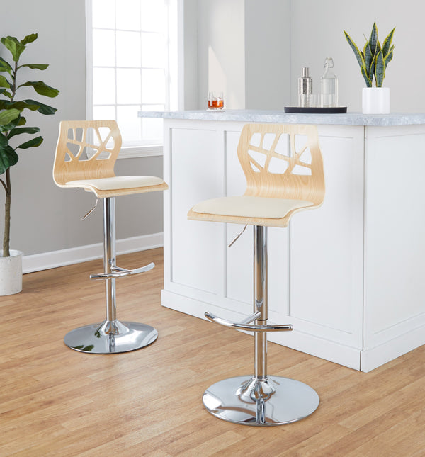 English Elm Adjustable Swivel Barstools Mid-century Modern Walnut and Cream Faux Leather Set of 2 B202S02182