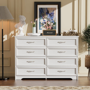 English Elm Modern Elegant Chest of Drawers with Antique Gold Knobs, 8-Drawer Durable Clothes Organizer, Waterproof Finish White W1668P182257