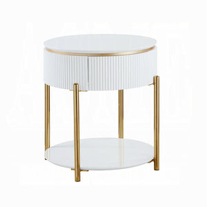 English Elm White White High Gloss and Gold End Table with Drawer and Shelf, 24" Chic Accent Nightstand for Stylish Storage B062P209067