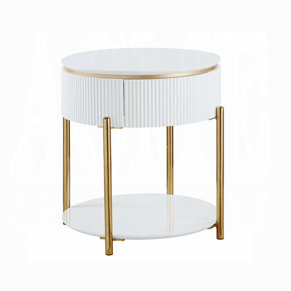English Elm White White High Gloss and Gold End Table with Drawer and Shelf, 24" Chic Accent Nightstand for Stylish Storage B062P209067