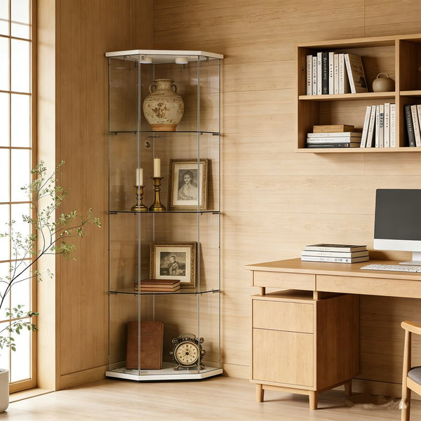 English Elm Tempered Glass Corner Display Cabinet with Rgb Lighting Locking Door and Adjustable Feet White W3155P449086