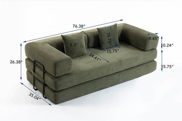 English Elm Full Foam Modular Sofa Bed Corduroy Upholstered Convertible Lounger for Studio Apartments Green W3326P450805