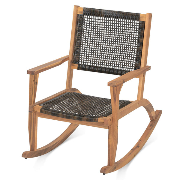 English Elm Go Acacia Wood Outdoor Rocking Chair Set Two Pe Wicker Seats for Patio Porch Dark Brown N704P245214D