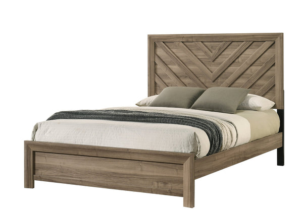 English Elm 1Pc Queen Size Chevron-Patterned Bed With Warm Light Brown Wood Finish – Rustic Modern Bedroom Charm B2741S00601