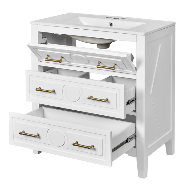 English Elm 30'' Bathroom Vanity with Ceramic Sink, Solid Wood Frame Retro Style Vanity with 3 Drawers & Gold Handles White N710P246209K