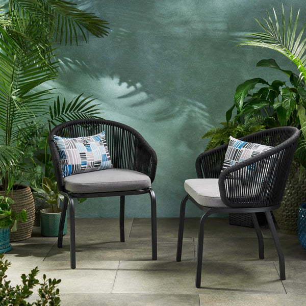 English Elm Christopher Knight Home® - CANDLEWOOD Woven Rope Club Chair Set of 2 - Modern Black Metal Frame, Water-Resistant Cushions, Handcrafted 65762.00BLK