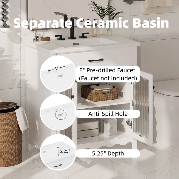 English Elm Christopher Knight Home® - 30 Inches Bathroom Vanity With Tempered Glass Doors, Space-Saving Design, White Rubber Wood Style N817P299499W