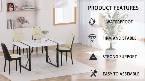 English Elm 55 Modern 4-Person MDF Dining Table Set with Sturdy Black Metal Legs and Padded PU Chairs for Families Beige+Black,White W2189S00731