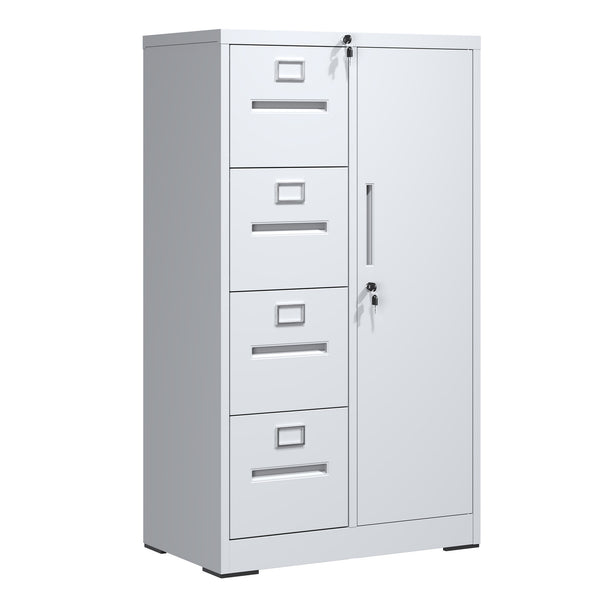 English Elm Metal Storage Vertical Filing Cabinet with 4 Drawers and Side Wardrobe, Steel Ball-Bearing Suspension, Secure Locking Organizer for Home Office and Bedroom White T2398P272102