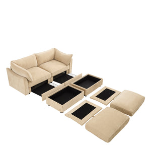 English Elm 2-Seater Sofa With 2 Movable Footstools, Stylish Chenille Fabric, Wheat Color & Hidden Storage Drawers W3041S00174