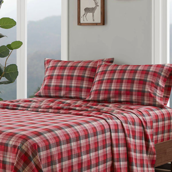 English Elm 3 Pcs Twin Sheet Set - Cozy Red Plaid Cotton Flannel For Warmth, Comfort, And Timeless Style B035P319781